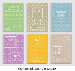 Sale banners, flyers with abstract geometric texture. Modern and vintage social media placard set for mobile website, posters, email and newsletter designs, ads, online shopping, promotional material