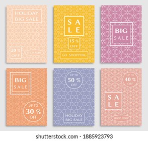 Sale banners, flyers with abstract geometric texture. Modern and vintage social media placard set for mobile website, posters, email and newsletter designs, ads, online shopping, promotional material