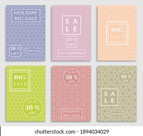 Sale banners, flyers with abstract geometric texture. Modern and vintage social media placard set for mobile website, posters, email and newsletter designs, ads, online shopping, promotional material