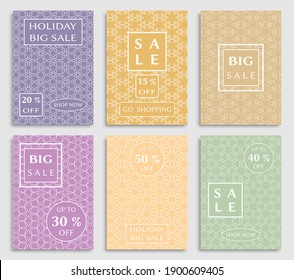 Sale banners, flyers with abstract geometric texture. Modern and vintage social media placard set for mobile website, posters, email and newsletter designs, ads, online shopping, promotional material
