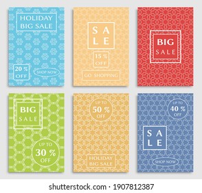 Sale banners, flyers with abstract geometric texture. Modern and vintage social media placard set for mobile website, posters, email and newsletter designs, ads, online shopping, promotional material