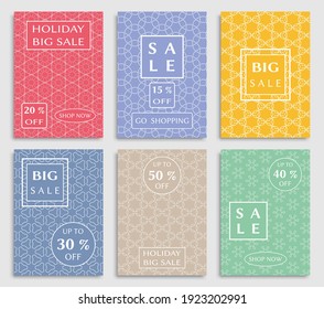 Sale banners, flyers with abstract geometric texture. Modern and vintage social media placard set for mobile website, posters, email and newsletter designs, ads, online shopping, promotional material