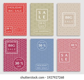 Sale banners, flyers with abstract geometric texture. Modern and vintage social media placard set for mobile website, posters, email and newsletter designs, ads, online shopping, promotional material
