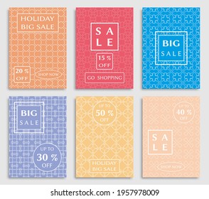Sale banners, flyers with abstract geometric texture. Modern and vintage social media placard set for mobile website, posters, email and newsletter designs, ads, online shopping, promotional material