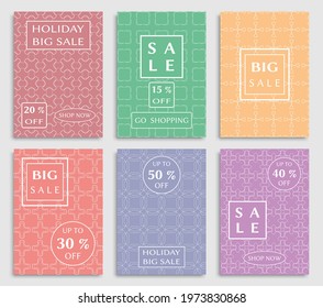 Sale banners, flyers with abstract geometric texture. Modern and vintage social media placard set for mobile website, posters, email and newsletter designs, ads, online shopping, promotional material