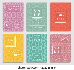 Sale banners, flyers with abstract geometric texture. Modern and vintage social media placard set for mobile website, posters, email and newsletter designs, ads, online shopping, promotional material