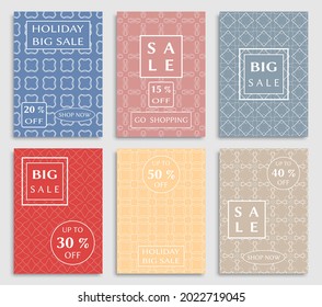 Sale banners, flyers with abstract geometric texture. Modern and vintage social media placard set for mobile website, posters, email and newsletter designs, ads, online shopping, promotional material