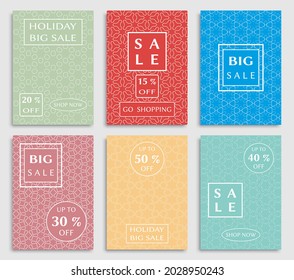 Sale banners, flyers with abstract geometric texture. Modern and vintage social media placard set for mobile website, posters, email and newsletter designs, ads, online shopping, promotional material