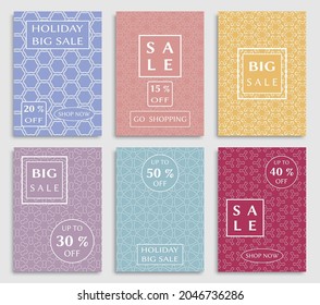 Sale banners, flyers with abstract geometric texture. Modern and vintage social media placard set for mobile website, posters, email and newsletter designs, ads, online shopping, promotional material