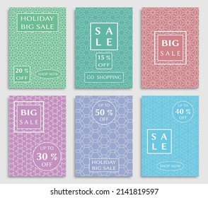 Sale banners, flyers with abstract geometric texture. Modern and vintage social media placard set for mobile website, posters, email and newsletter designs, ads, online shopping, promotional material