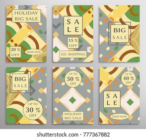Sale banners, flyers with abstract geometric texture. Modern and vintage social media placard set for mobile website, posters, email and newsletter designs, ads, online shopping, promotional material