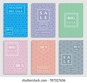 Sale banners, flyers with abstract geometric texture. Modern and vintage social media placard set for mobile website, posters, email and newsletter designs, ads, online shopping, promotional material