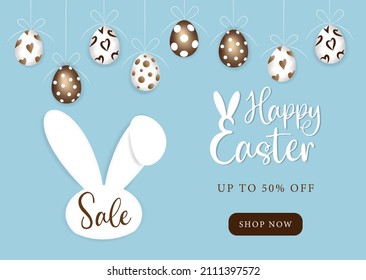 Sale banners, happy easter holiday, banner or header, realistic, beautiful painted eggs hanging on a string, paper rabbit calls for shopping, for social media posts, postcards, banner design