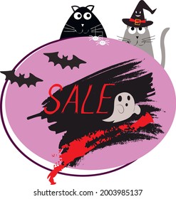 Sale banners for happy halloween holiday with cats spiders bats. Discount card for web, poster, flyers, advertisements, promotions, blogs, social media, marketing.Round background with spot. Vector 

