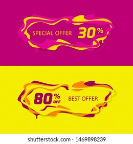 Sale banners of intersecting wavy lines on bright background. Advertising design shapes. Paper cut, 3D effects.