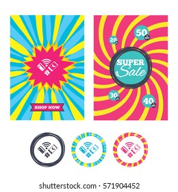 Sale banners and labels. Special offer tags. Wireless mobile payments icon. Smartphone, credit card and gift symbol. Colored web buttons. Vector