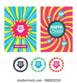 Sale banners and labels. Special offer tags. 50% sale arrow tag sign icon. Discount symbol. Special offer label. Colored web buttons. Vector