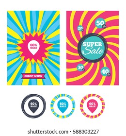 Sale banners and labels. Special offer tags. 60% sale pointer tag sign icon. Discount symbol. Special offer label. Colored web buttons. Vector