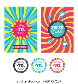 Sale banners and labels. Special offer tags. 70 percent discount sign icon. Sale symbol. Special offer label. Colored web buttons. Vector