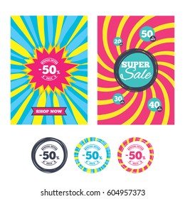 Sale banners and labels. Special offer tags. 50 percent discount sign icon. Sale symbol. Special offer label. Colored web buttons. Vector