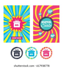 Sale banners and labels. Special offer tags. 80% sale gift box tag sign icon. Discount symbol. Special offer label. Colored web buttons. Vector