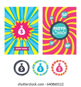 Sale banners and labels. Special offer tags. Money bag sign icon. Dollar USD currency symbol. Colored web buttons. Vector