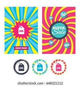 Sale banners and labels. Special offer tags. 20% sale price tag sign icon. Discount symbol. Special offer label. Colored web buttons. Vector