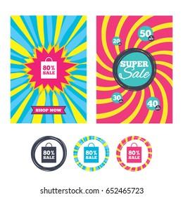 Sale banners and labels. Special offer tags. 80% sale bag tag sign icon. Discount symbol. Special offer label. Colored web buttons. Vector