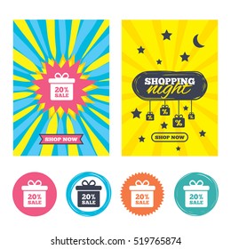 Sale banners, online shopping. 20% sale gift box tag sign icon. Discount symbol. Special offer label. Shopping night. Vector