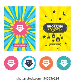 Sale banners, online shopping. 50% sale arrow tag sign icon. Discount symbol. Special offer label. Shopping night. Vector