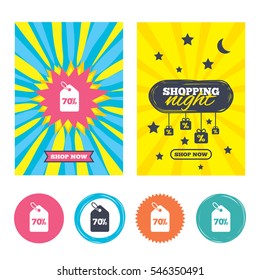 Sale banners, online shopping. 70% sale price tag sign icon. Discount symbol. Special offer label. Shopping night. Vector