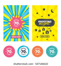 Sale banners, online shopping. 70 percent discount sign icon. Sale symbol. Special offer label. Shopping night. Vector