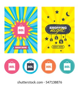Sale banners, online shopping. 80% sale bag tag sign icon. Discount symbol. Special offer label. Shopping night. Vector