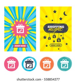 Sale banners, online shopping. Gift box sign icon. Present with woman shoes symbol. Shopping night. Vector