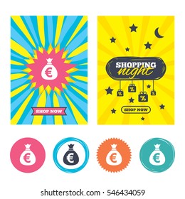 Sale banners, online shopping. Money bag sign icon. Euro EUR currency symbol. Shopping night. Vector