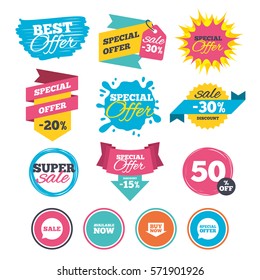 Sale banners, online web shopping. Sale icons. Special offer speech bubbles symbols. Buy now arrow shopping signs. Available now. Website badges. Best offer. Vector