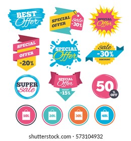 Sale banners, online web shopping. Sale bag tag icons. Discount special offer symbols. 10%, 20%, 30% and 40% percent discount signs. Website badges. Best offer. Vector
