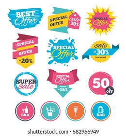 Sale banners, online web shopping. Bar or Pub icons. Glass of beer and champagne signs. Alcohol drinks and cocktail symbols. Website badges. Best offer. Vector