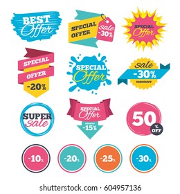 Sale banners, online web shopping. Sale discount icons. Special offer price signs. 10, 20, 25 and 30 percent off reduction symbols. Website badges. Best offer. Vector