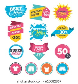 Sale banners, online web shopping. Clothes icons. T-shirt and bermuda shorts signs. Swimming trunks symbol. Website badges. Best offer. Vector