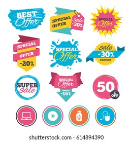 Sale banners, online web shopping. Notebook pc and Usb flash drive stick icons. Computer mouse and CD or DVD sign symbols. Website badges. Best offer. Vector