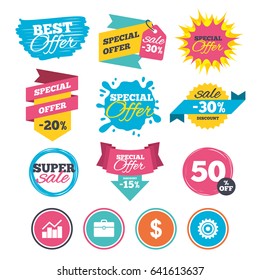 Sale banners, online web shopping. Business icons. Graph chart and case signs. Dollar currency and gear cogwheel symbols. Website badges. Best offer. Vector