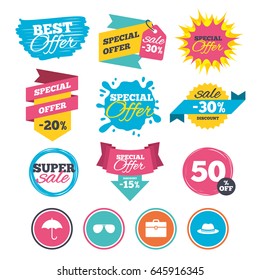 Sale banners, online web shopping. Clothing accessories icons. Umbrella and sunglasses signs. Headdress hat with business case symbols. Website badges. Best offer. Vector