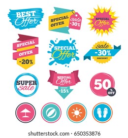 Sale banners, online web shopping. Beach holidays icons. Ball, umbrella and flip-flops sandals signs. Summer sun symbol. Website badges. Best offer. Vector