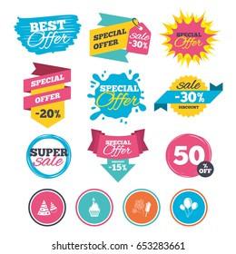 Sale banners, online web shopping. Birthday party icons. Cake, balloon, hat and muffin signs. Fireworks with rocket symbol. Cupcake with candle. Website badges. Best offer. Vector