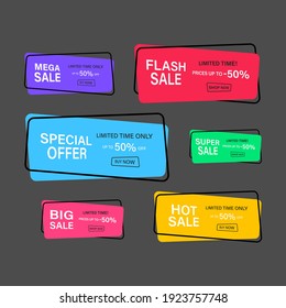 Sale banners set. Limited only today up to 50 percent off. Vector flat illustration. Mega sale. Super sale. Hot sale. End of season special offer poster on dark background.