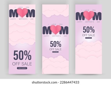 Sale banners set Mother's Day, Women's Day, Spring holiday decoration, shopping card, voucher, gift card, vector fashion poster, lettering, paper cut, origami texture.