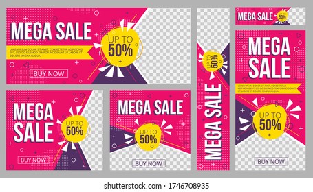 Sale banners set promo templates with text vector illustration. Bright pink posters with discount promotion flat style. Shop now. Mega sale concept. Isolated on grey background