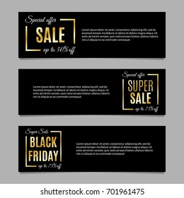 Sale banners set with Special offer, Super sale and Black Friday with price off design elements.  Golden discount background layout or header. Vector illustration.