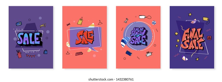 Sale banners set. Stylized promotion lettering with geometric decoration and promo symbols. Templates for advertising card. Vector illustration.